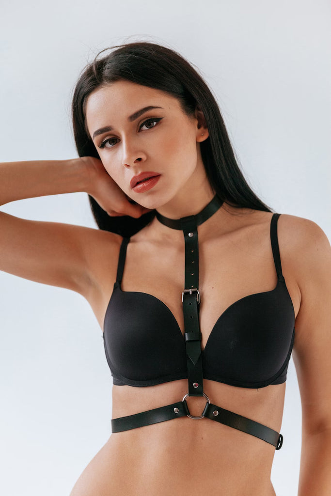 black leather harness open bra