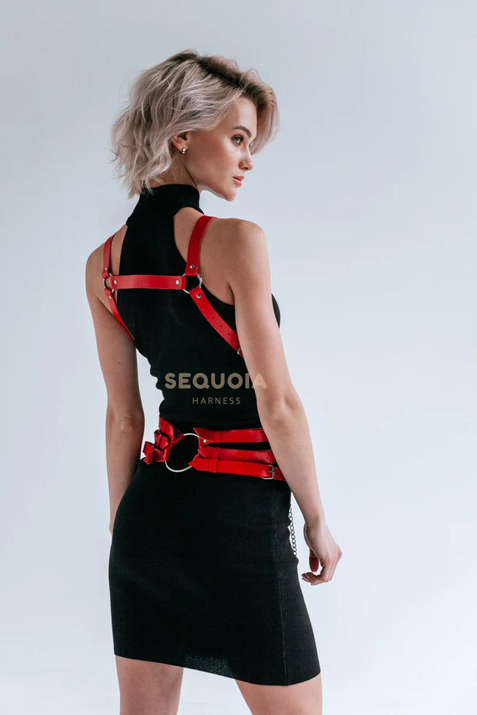 pink leather harness bra