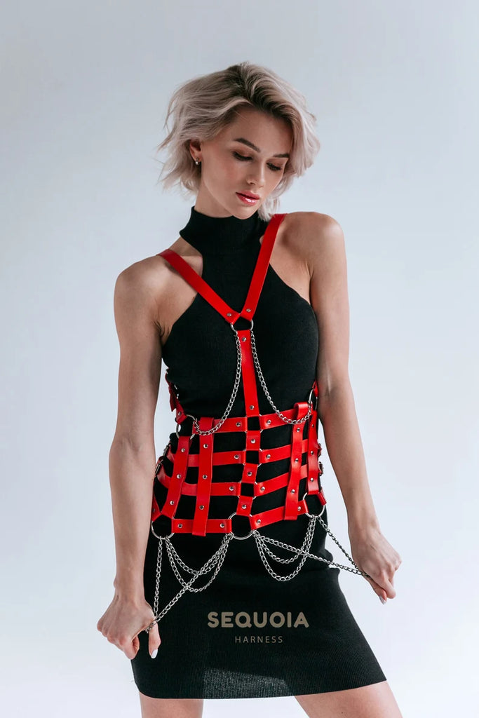 pink leather harness bra