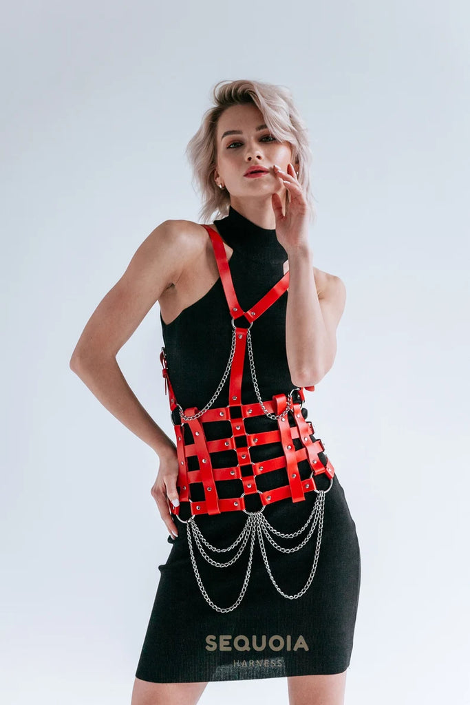 pink leather harness bra