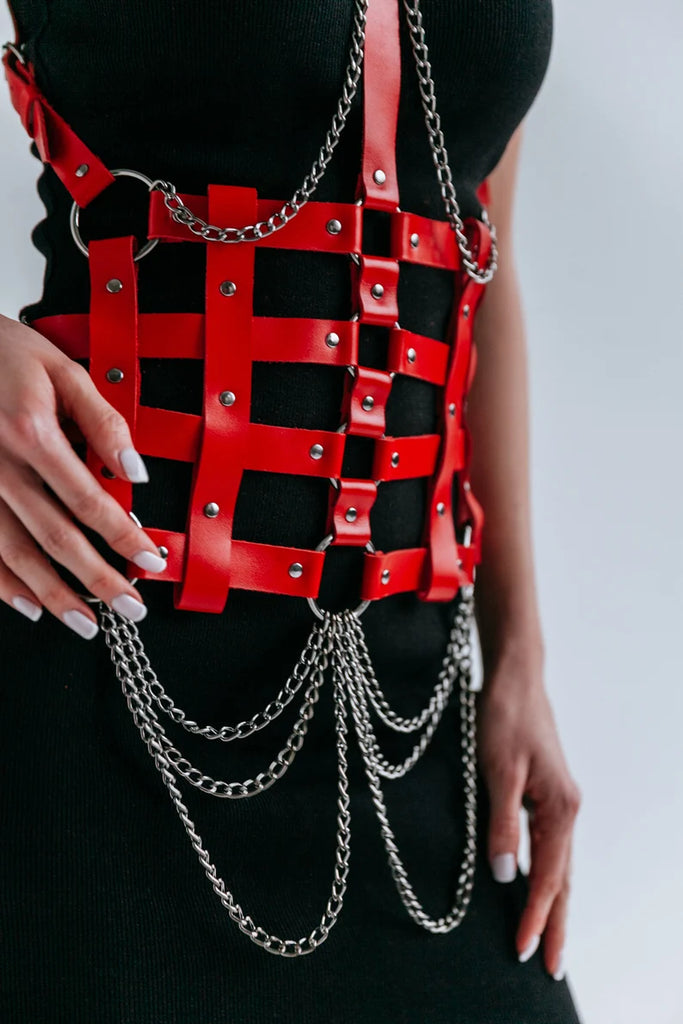 pink leather harness bra