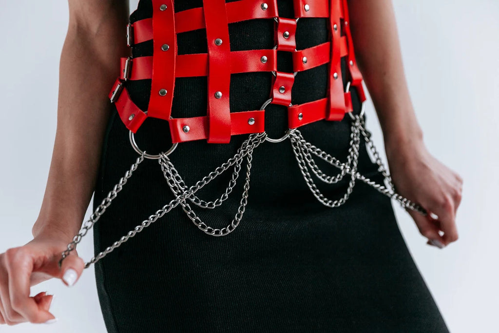 pink leather harness bra