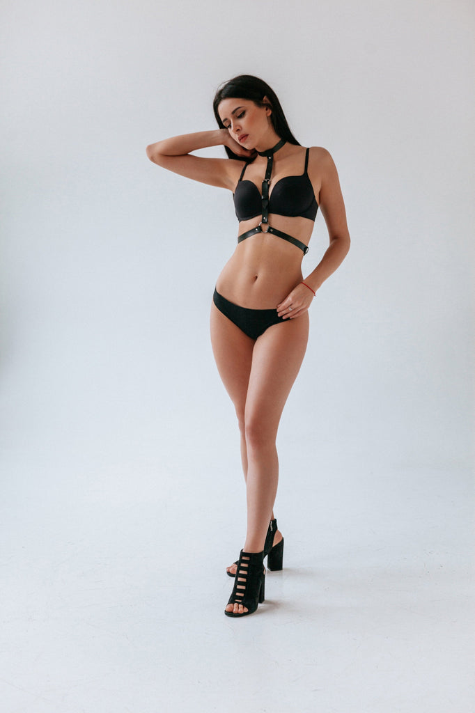 black leather harness open bra